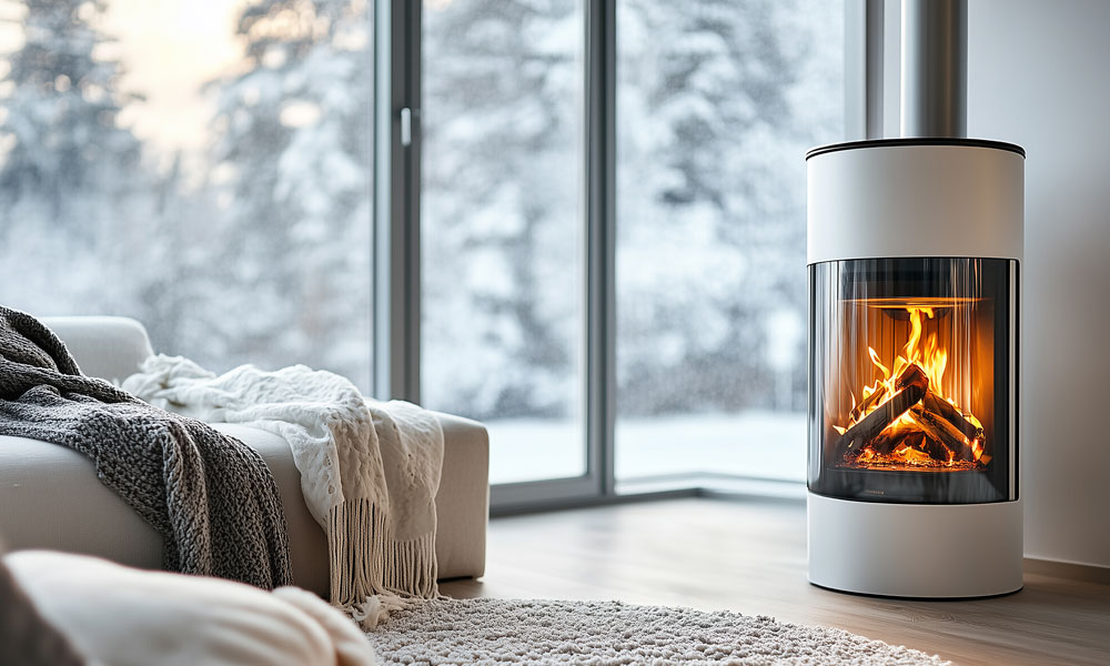 Brandmeldetechnik - offener Kamin weiss mit Glastür